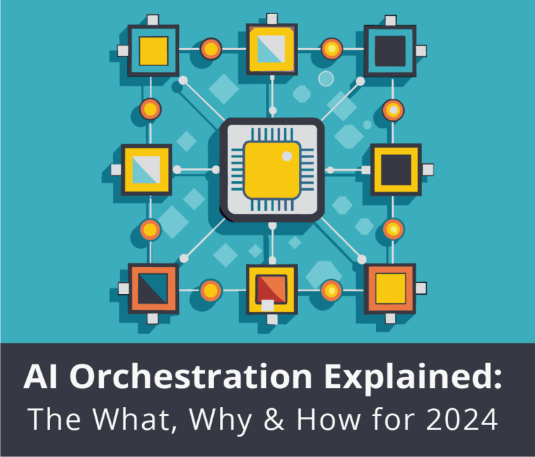 Illustration of interconnected processors with text: "AI Orchestration Explained: The What, Why & How for 2024" and Hatchworks AI logo.