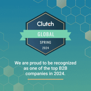 Clutch Global Spring 2024 award badge with text about B2B recognition.