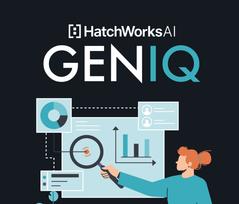 HatchWorksAI GENIQ banner showing a person analyzing data with graphs, charts, and a magnifying glass.