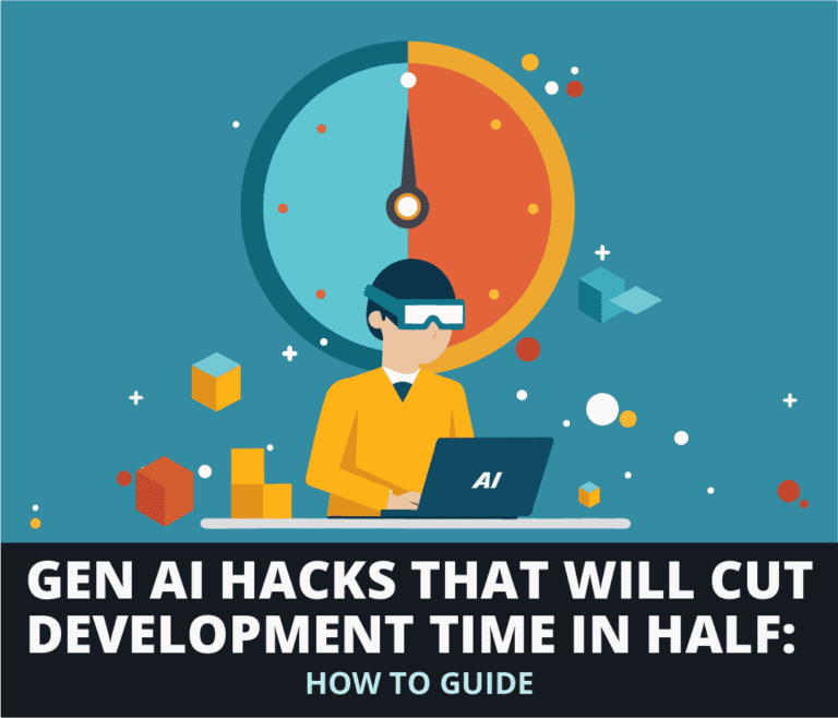 Illustration of a person using AI technology with a large clock in the background. Text: "Gen AI Hacks That Will Cut Development Time in Half: How to Guide".