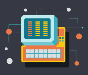 Retro computer with colorful circuits on a dark background, representing tech and innovation.