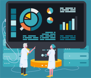 Scientists in lab coats examine a large screen displaying "How to Train and Fine Tune a Multimodal LLM [+ Use Cases]" amid servers.