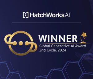 HatchWorks AI wins the Global Generative AI Award, 2nd Cycle, 2024. Image features a gold trophy icon and geometric patterns.