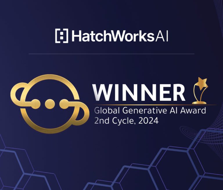 HatchWorks AI wins the Global Generative AI Award, 2nd Cycle, 2024. Image features a gold trophy icon and geometric patterns.