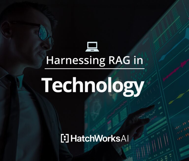 Man in a suit interacting with a data visualization screen. Text reads, "Harnessing RAG in Technology" with a HatchWorksAI logo.