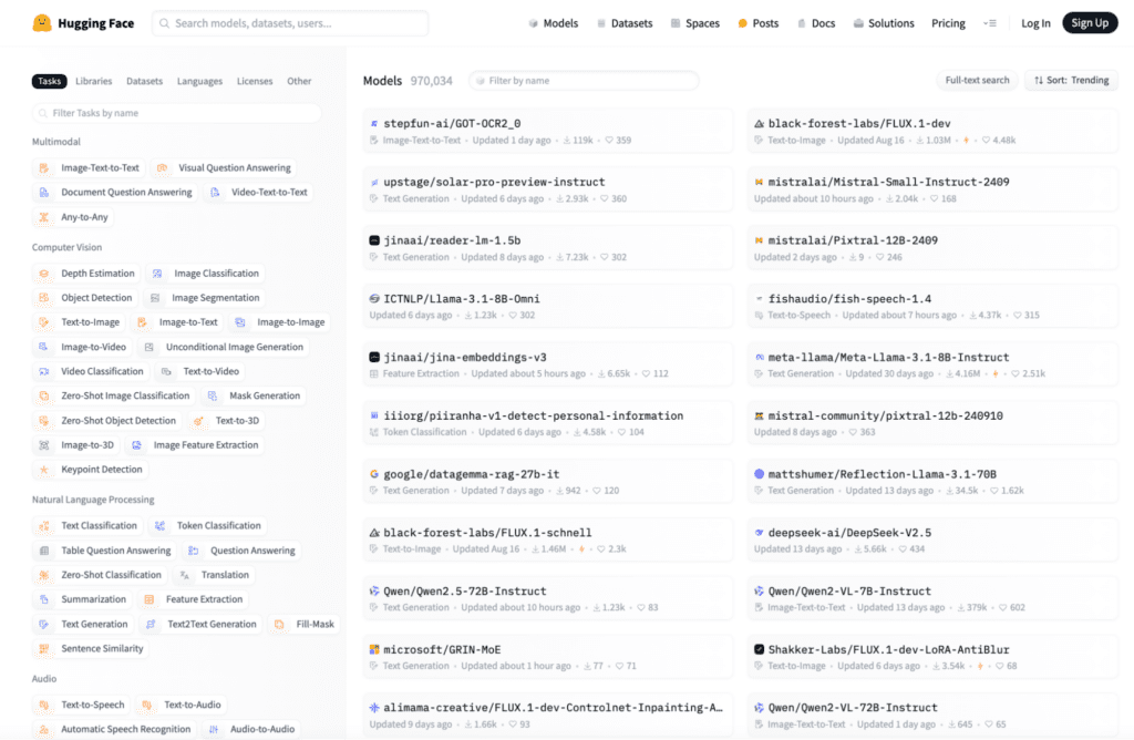 Hugging Face interface displaying a list of machine learning models, tasks, and filters for search and exploration.