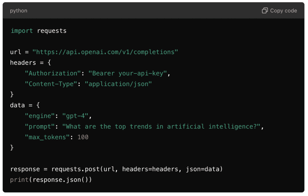 Python code using requests to send a POST request to OpenAI API for text completion with specified prompt and headers.