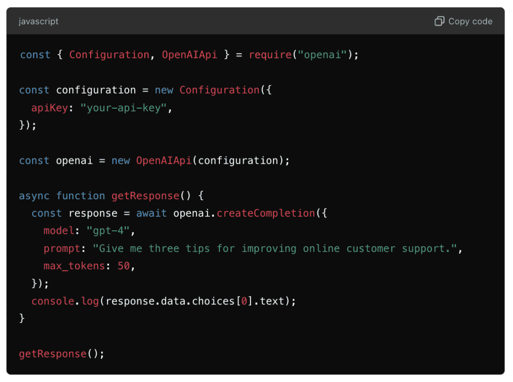 JavaScript code for OpenAI API integration to generate responses from a prompt using a configured API key.