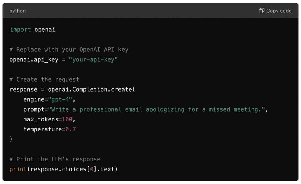 Python code using OpenAI API to generate a professional email response for a missed meeting prompt.