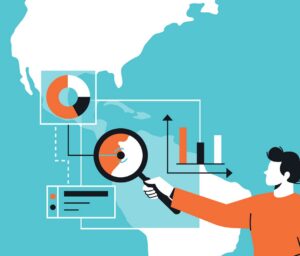 Illustration of a person analyzing charts with a magnifying glass, titled "25 Nearshore Software Development Statistics to Know in 2025."