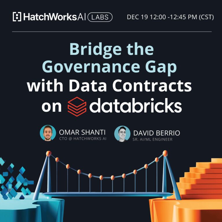 Webinar promo for "Bridge the Governance Gap with Data Contracts on Databricks" by HatchWorks AI, Dec 19, 12:00-12:45 PM (CST).