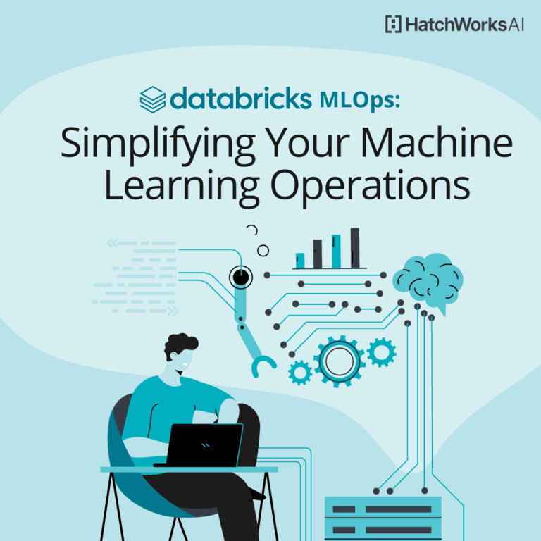 A stylized illustration of a person working on a laptop, accompanied by circuit-like graphics, bar charts, and the text “databricks MLOps: Simplifying Your Machine Learning Operations."