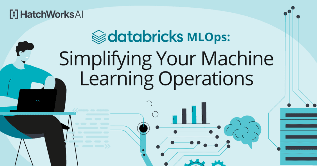 A similar stylized design featuring a person at a laptop, circuit graphics, and bar charts, with the text “databricks MLOps: Simplifying Your Machine Learning Operations."