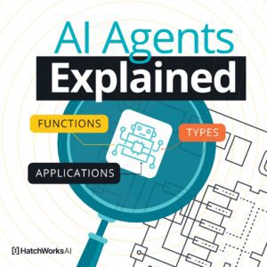 AI Agents Explained: Magnifying glass highlighting a schematic robot icon with text about functions, types, and applications.