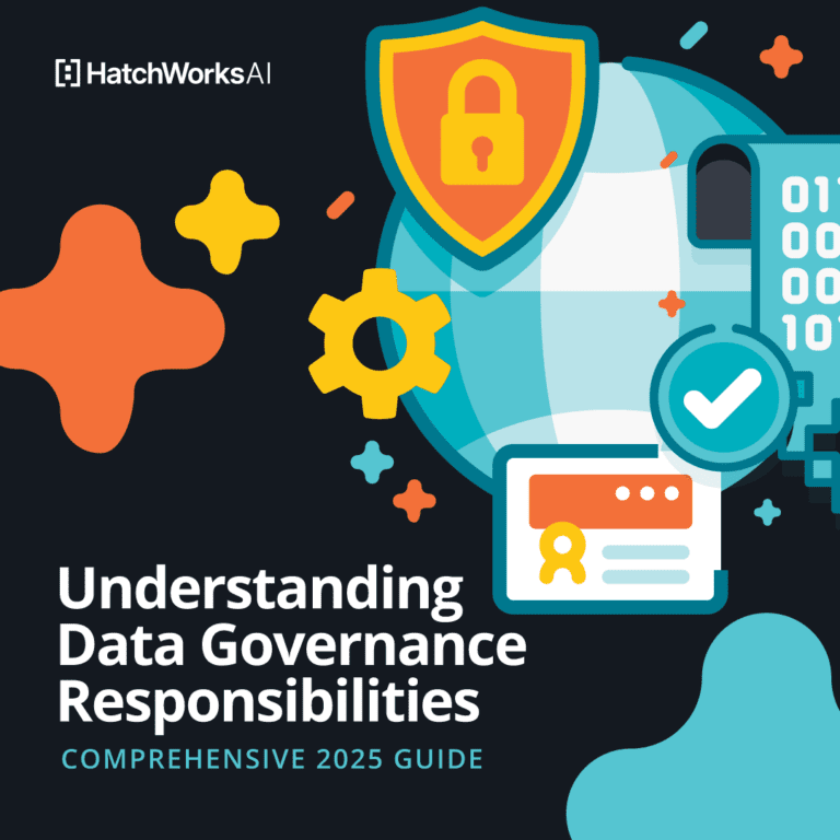 Colorful illustration highlighting data governance responsibilities for a 2025 guide.