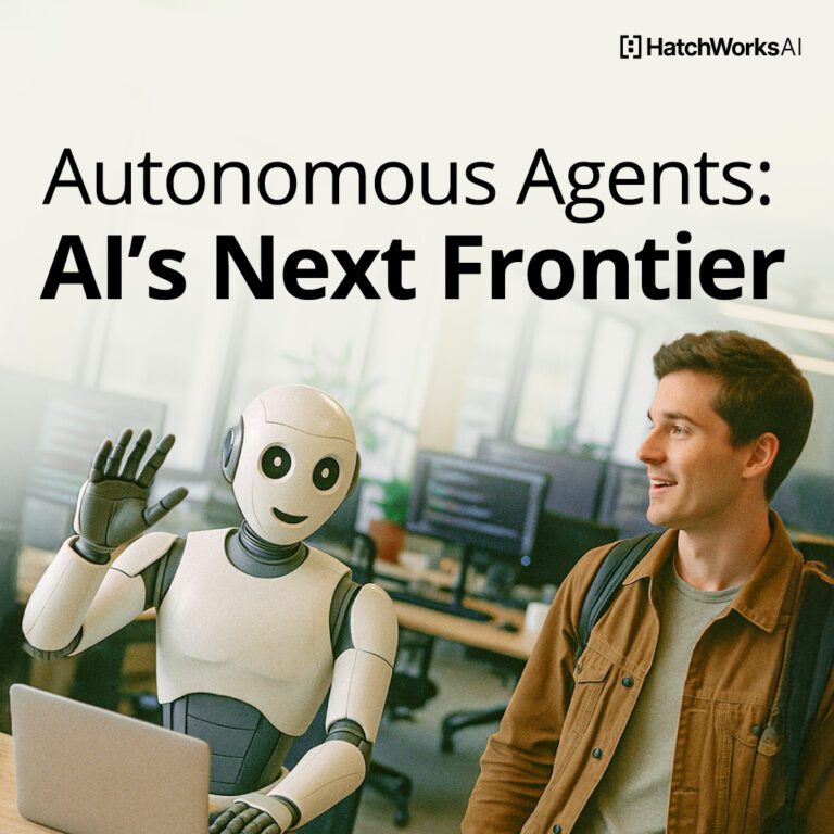 A humanoid robot waves next to a smiling man in an office with the text "Autonomous Agents: AI's Next Frontier."