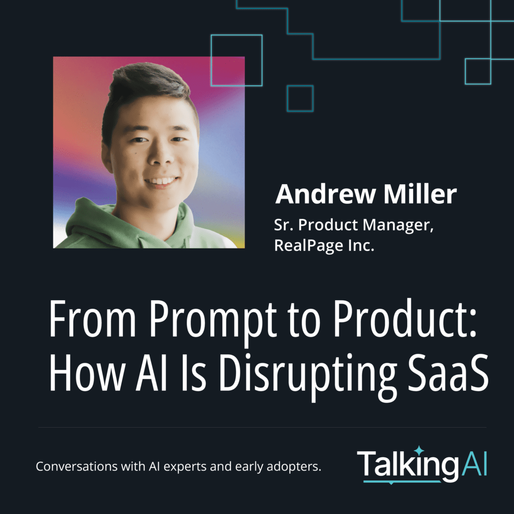 Headshot of Michael Luo beside the title “From Prompt to Product: How AI Is Disrupting SaaS” on a dark background, with the Talking AI logo and tagline “Conversations with AI experts and early adopters.”