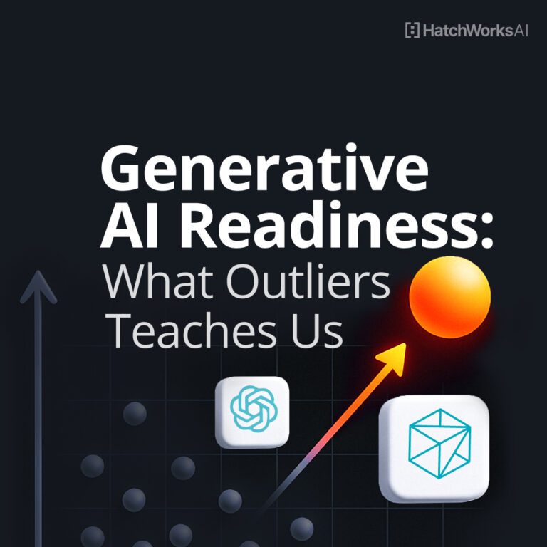Generative AI Readiness: What Outliers Teaches Us. A stylized grid with upward arrows, AI icons (ChatGPT and a geometric cube), and a bright orange sphere representing an outlier, with a HatchWorks AI logo in the corner.