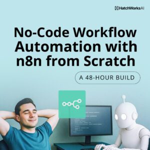 Man relaxing next to a robot and computer, with text promoting no-code automation using n8n in a 48-hour build by HatchWorks AI.