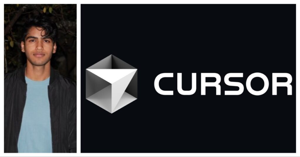 Side-by-side image featuring Aman Sanger and the logo of Cursor, an AI-native coding platform. Aman is wearing a blue shirt with a dark jacket, against a dark background. The Cursor logo is geometric, featuring shades of gray and white, next to bold white text on a black background.