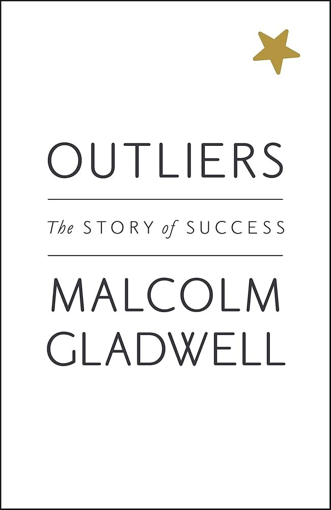 Book cover for "Outliers: The Story of Success" by Malcolm Gladwell, featuring minimalist design with black text on a white background and a small gold star in the top right corner.