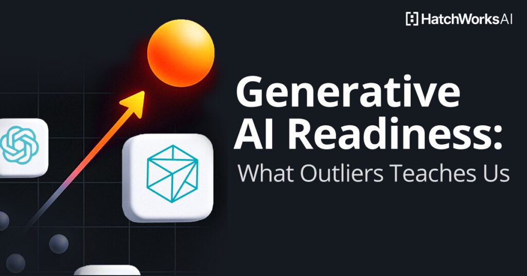 Generative AI Readiness: What Outliers Teaches Us. A stylized grid with upward arrows, AI icons (ChatGPT and a geometric cube), and a bright orange sphere representing an outlier, with a HatchWorks AI logo in the corner.