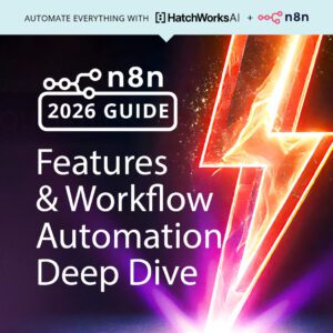 Cover image for the n8n 2026 guide showing the text “Features and Workflow Automation Deep Dive” with a bright lightning bolt graphic and HatchWorks AI and n8n logos.
