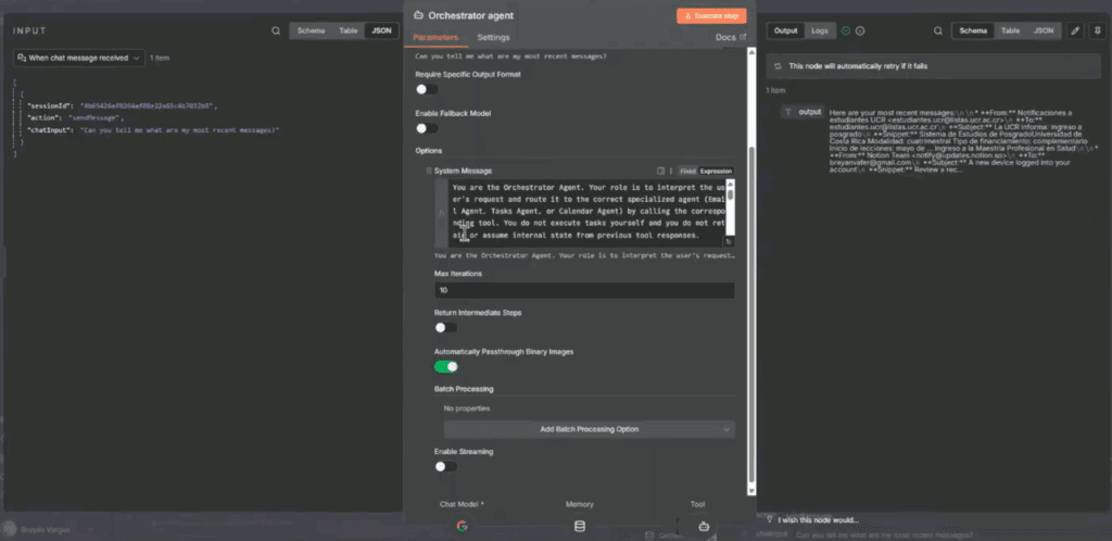 Screenshot of an n8n orchestrator agent node showing JSON chat input on the left, the agent’s system prompt and settings in the middle, and the generated email-style output response on the right.