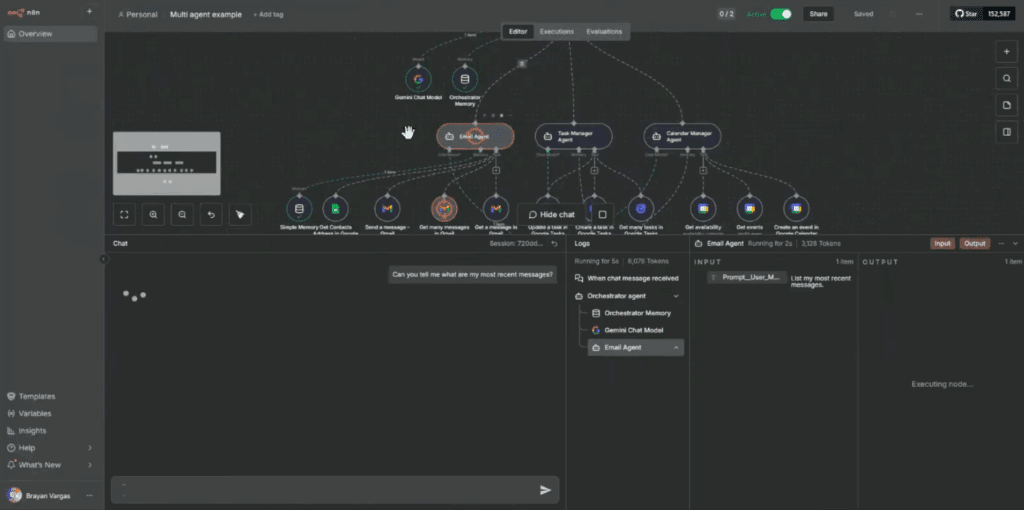 Screenshot of an n8n “Multi agent example” workflow where an orchestrator routes a chat request about recent messages to specialized agents, including an Email Agent, Task Manager Agent, and Calendar Manager Agent, with live chat, logs, and input/output panels visible.
