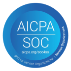 Blue circular AICPA SOC logo badge with the text “AICPA SOC – SOC for Service Organizations” and website aicpa.org/soc4so.
