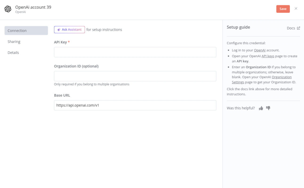 Screenshot of n8n’s OpenAI credential setup screen with fields for API key, organization ID, and base URL.
