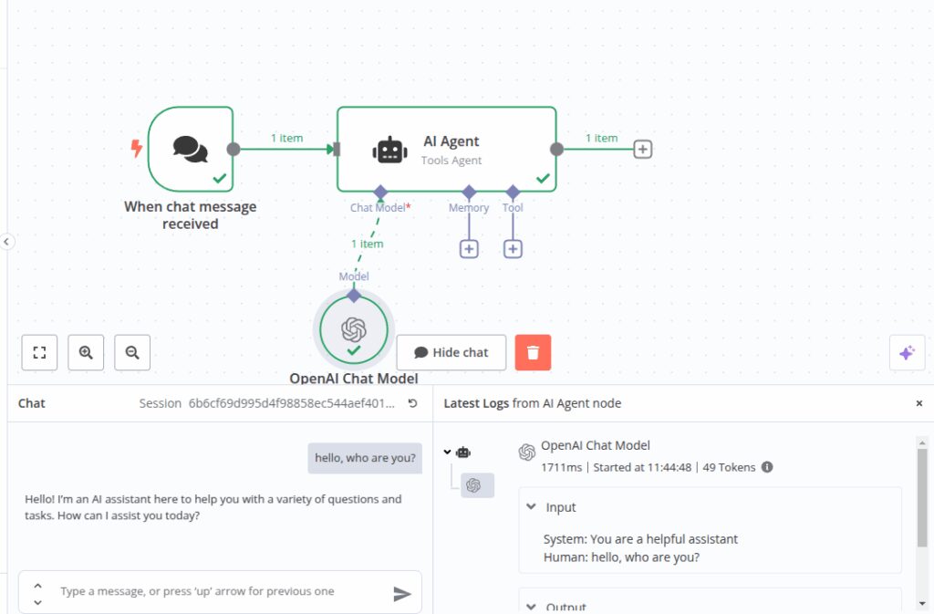 n8n editor showing an AI Agent workflow using OpenAI Chat Model with a live chat panel where the assistant replies to “hello, who are you?”.
