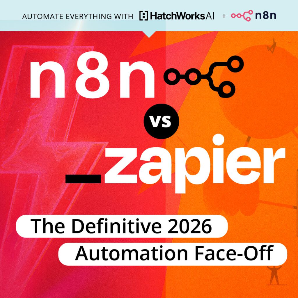 Square cover graphic with the text “n8n vs Zapier – The Definitive 2026 Automation Face-Off” on a bold red and orange background, with HatchWorks AI and n8n logos.