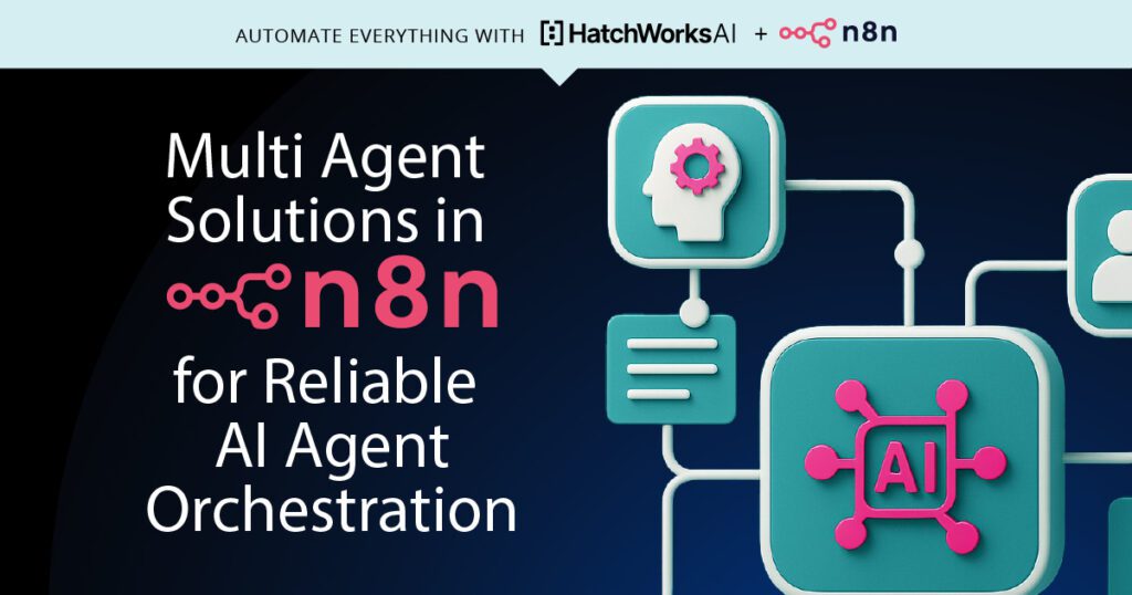 Wide banner showing the text “Multi Agent Solutions in n8n for Reliable AI Agent Orchestration” next to teal 3D pipeline icons with an AI chip, with HatchWorks AI and n8n logos on a light header bar.