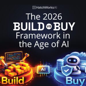 Square HatchWorks AI cover reading “The 2026 Build vs Buy Framework in the Age of AI,” with build (code + blocks) and buy (robot + shield) icons.