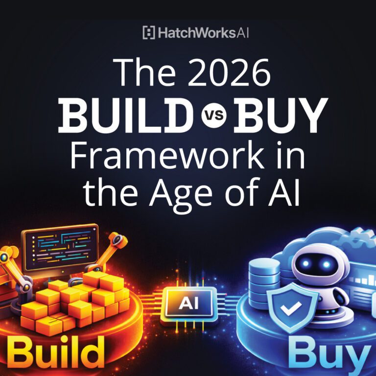 Square HatchWorks AI cover reading “The 2026 Build vs Buy Framework in the Age of AI,” with build (code + blocks) and buy (robot + shield) icons.