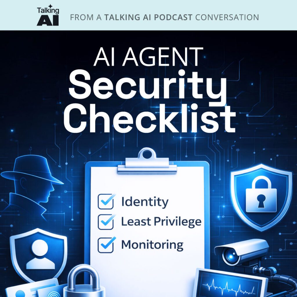 Square AI agent security checklist graphic showing Identity, Least Privilege, and Monitoring on a clipboard with security icons including a lock, shield, and camera.