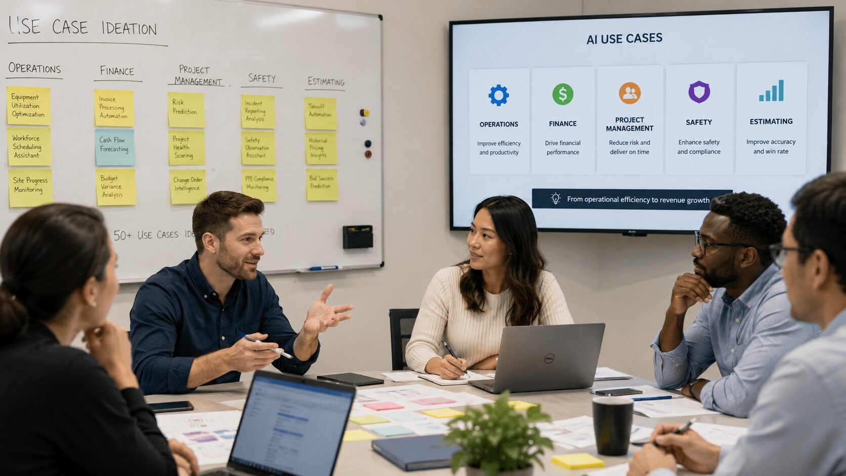Cross-functional workshops identifying AI use cases across construction business units