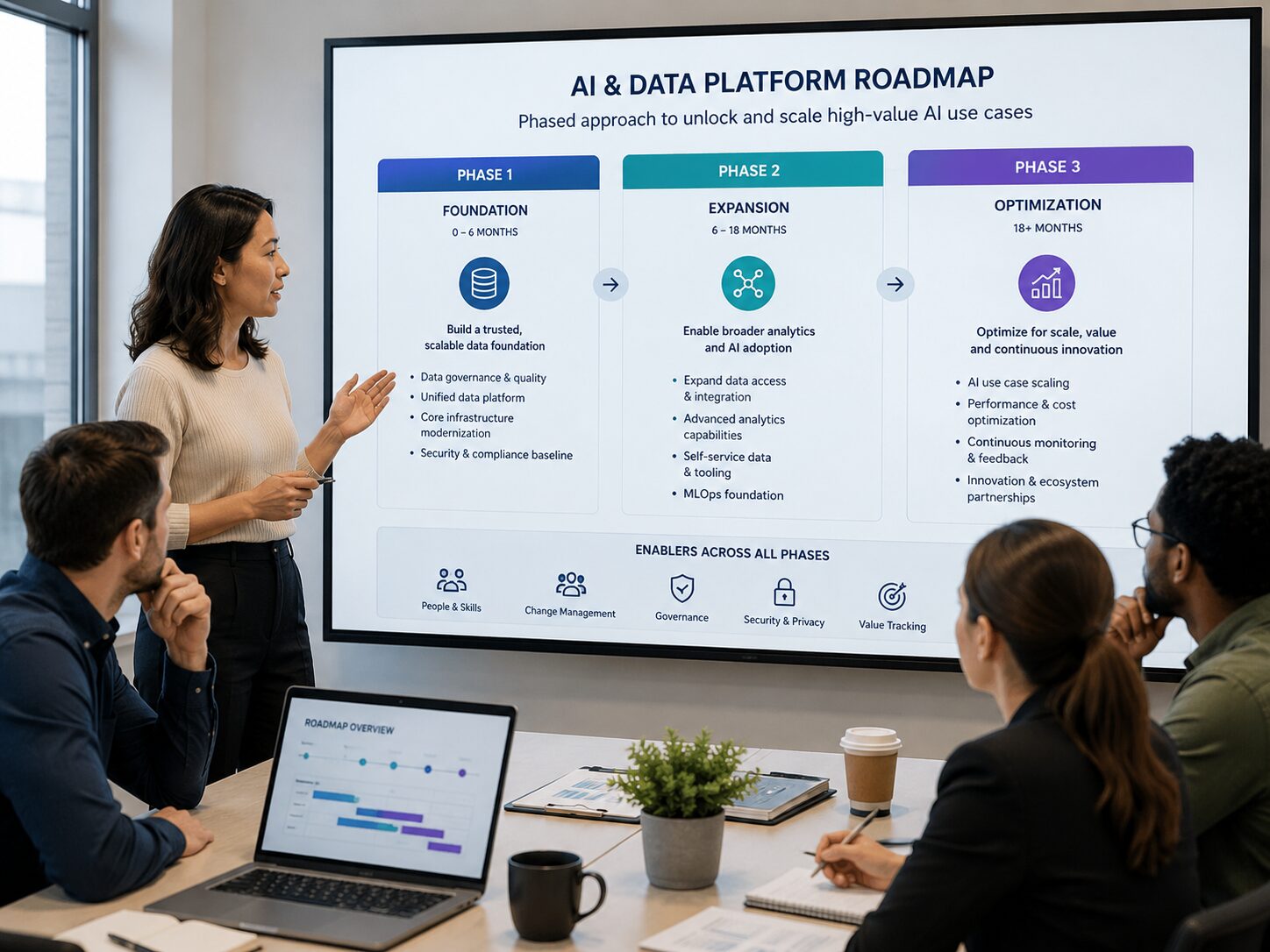 Phased 2026 AI roadmap connecting the data platform to use case delivery