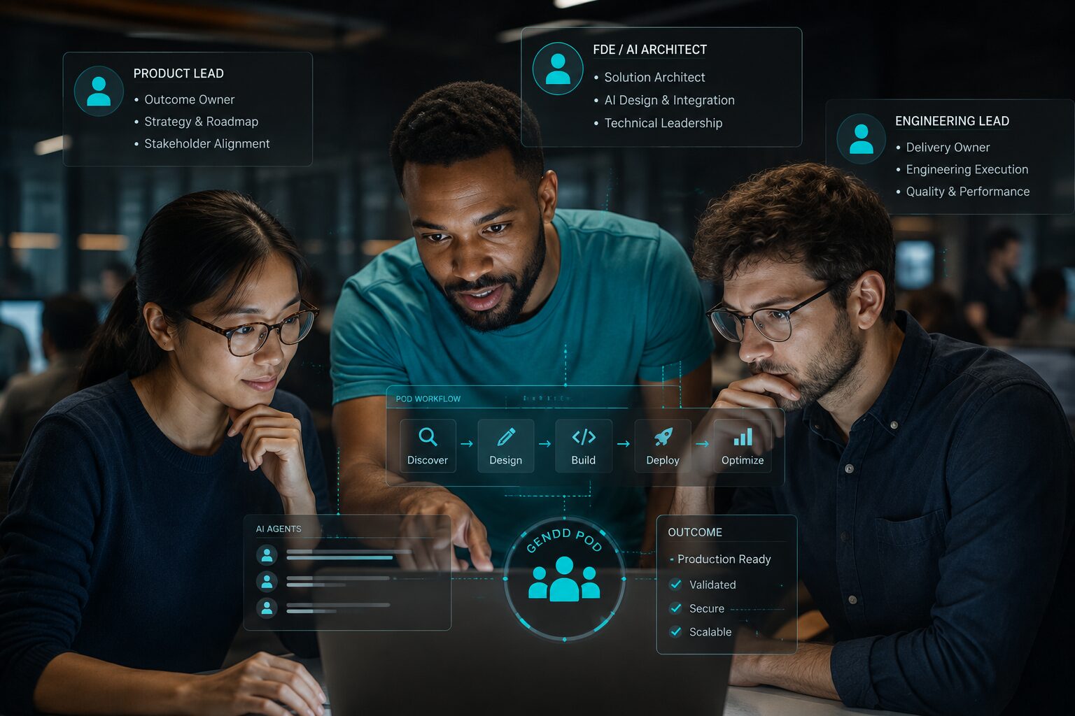 A three-person Agentic AI Pod at work