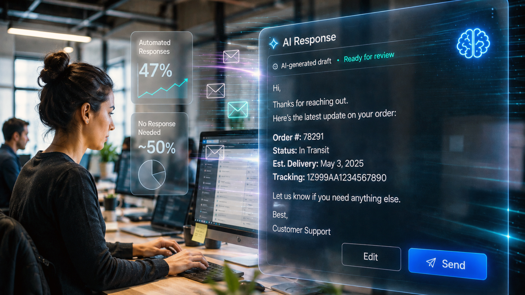 AI-drafted customer email response reviewed by an inside sales team member