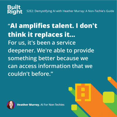Graphic quote from Heather Murray on AI amplifying talent, not replacing it, enhancing service depth by accessing new information.